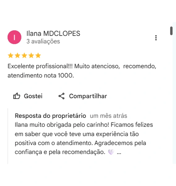 Avaliação 5 estrelas de Ilana MDCLOPES no Google sobre o Galdino Institute